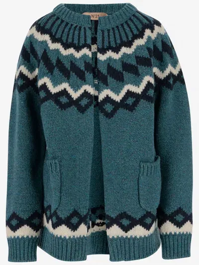 N°21 Fair Isle Wool Cardigan With Geometric Pattern In Ottanio Melange