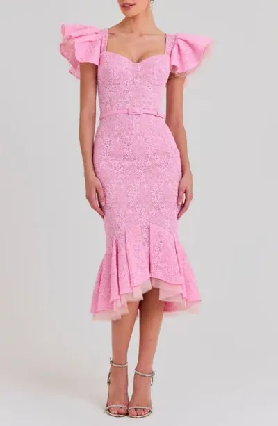 Nadine Merabi Belted Ruffle Lace Midi Dress In Light/pastel Pink