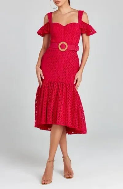 Nadine Merabi Julia Belted Cold Shoulder Dress In Dark Pink