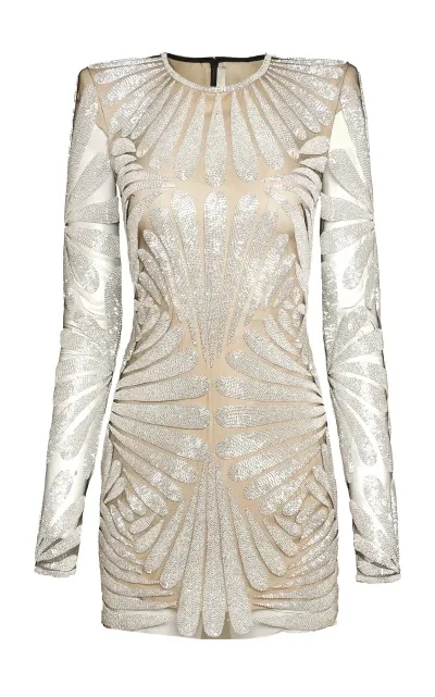 Naeem Khan Beaded Jewel Neck Mini Dress With Long Sleeves In Silver