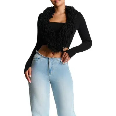 Naked Wardrobe Fringe Crop Cardigan In Black