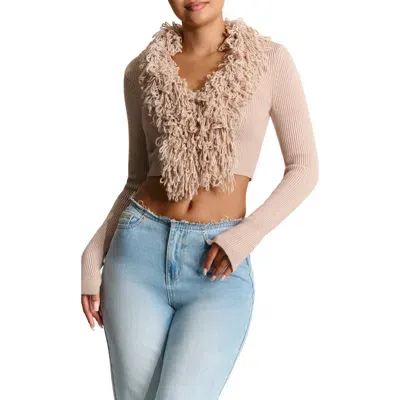 Naked Wardrobe Fringe Crop Cardigan In Taupe