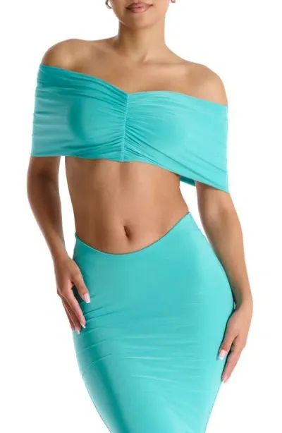 Naked Wardrobe Hourglass Ruched Off The Shoulder Jersey Crop Top In Turquoise