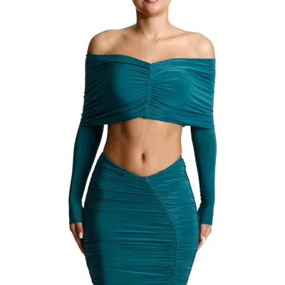 Naked Wardrobe Hourglass Ruched Off The Shoulder Jersey Top In Deep Teal