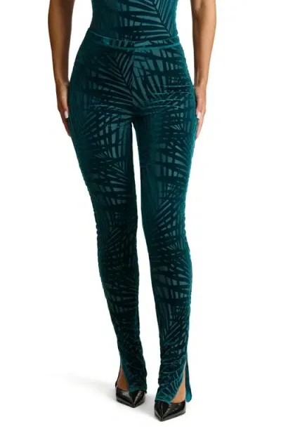 Naked Wardrobe Palm Frond Burnout Velvet Bootcut Slit Hem Pants In Palm Deep Teal