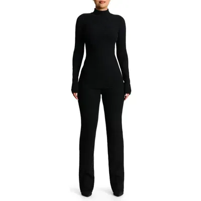 Naked Wardrobe Rib Long Sleeve Top & Straight Leg Pants Set In Black