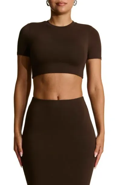 Naked Wardrobe Smooth Stretch Crop T-shirt In Dark Chocolate