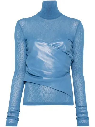 Nanushka Draped-panel Roll-neck Top In Blue