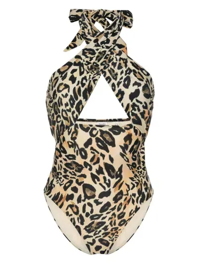 Nanushka Leopard-neck Halterneck Swimsuit In Neutrals