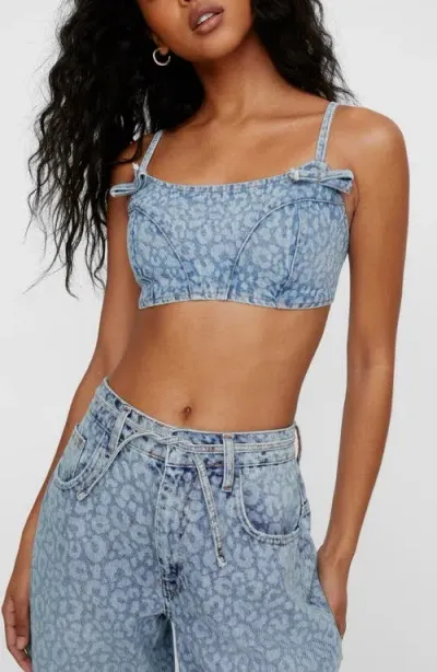 Nasty Gal Bow Leopard Spot Denim Crop Top In Washed Blue