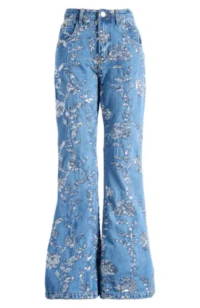 Nasty Gal Floral Sequin High Waist Flare Jeans In Authentic Denim