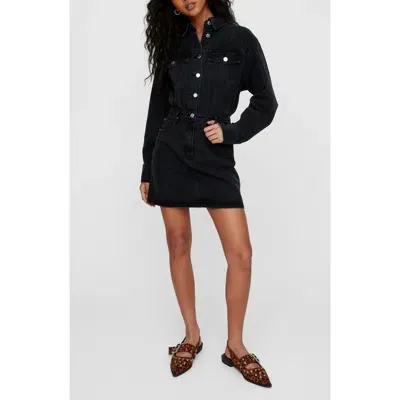 Nasty Gal Long Sleeve Cotton Denim Shirtdress In Washed Black