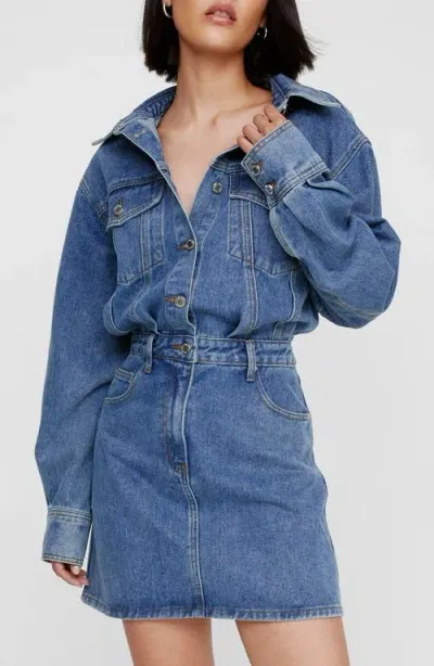 Nasty Gal Long Sleeve Denim Shirtdress In Authentic Mid Wash