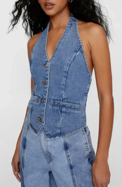 Nasty Gal Open Back Denim Halter Vest In Authentic Mid Wash