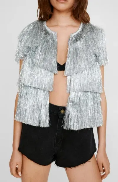 Nasty Gal Tiered Metallic Tinsel Jacket In Metallic Silver