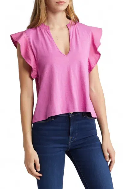 Nation Ltd Constance Flutter Sleeve Split Neck Top In Pink