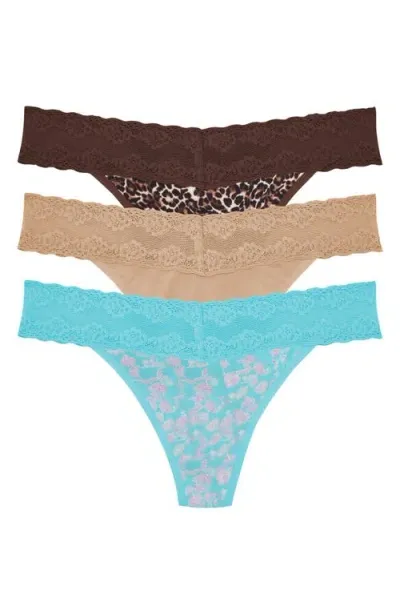 Natori Bliss 3-pack Perfection Lace Trim Thongs In Teal Pack