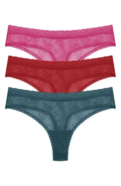 Natori Bliss Alure 3-pack Lace Thongs In Crystal,samba,rasberry