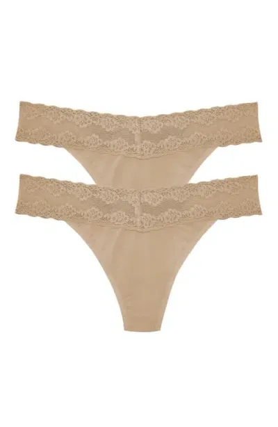 Natori Bliss Perfection Lace Trim One Size Thong 2-pack In Cafe