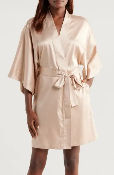 Natori Glamour Short Satin Robe In Cafe