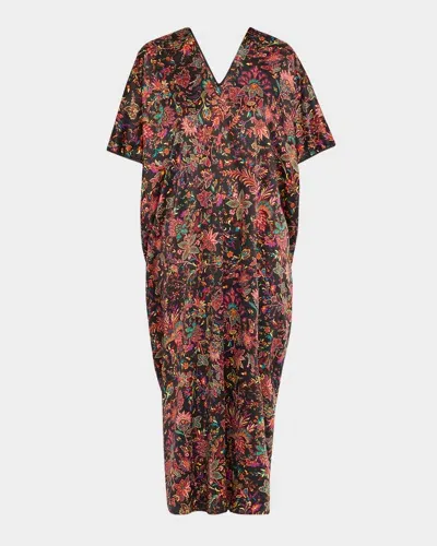 Natori Granada Floral-print Maxi Caftan In Black Multi