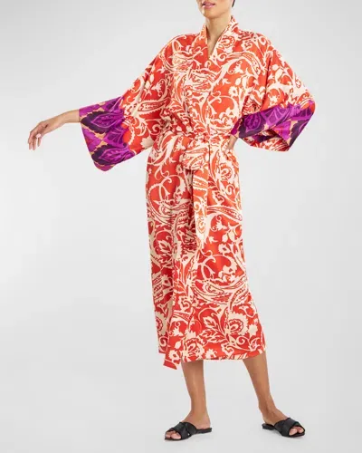 Natori Palace Paisley-print Kimono Robe In Red Orange