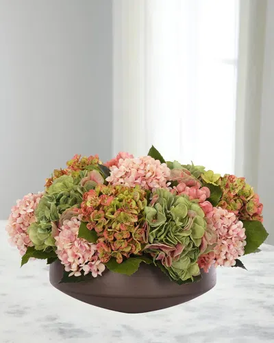 Ndi Hydrangeas 19" Faux Floral Arrangement In A Concrete Bowl In Green