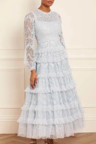 Needle & Thread Blossom Ruffled Long-sleeve Gown In Blue