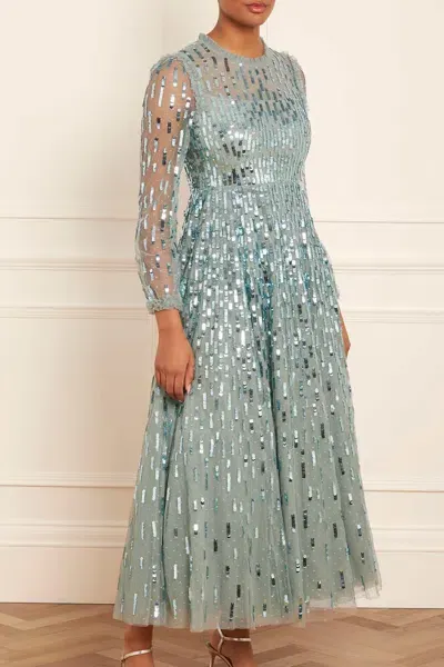 Needle & Thread Sequin-embellished Long-sleeve Gown In Green