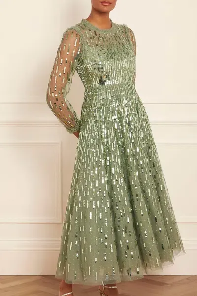 Needle & Thread Sequin-embellished Long-sleeve Gown In Green