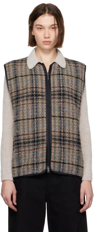 Needles Gray & Brown W.u. Piping Vest In A-sax/brown/grey