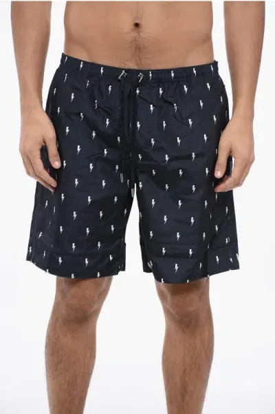 Neil Barrett All-over Micro Bolts Swim Long Shorts In Black