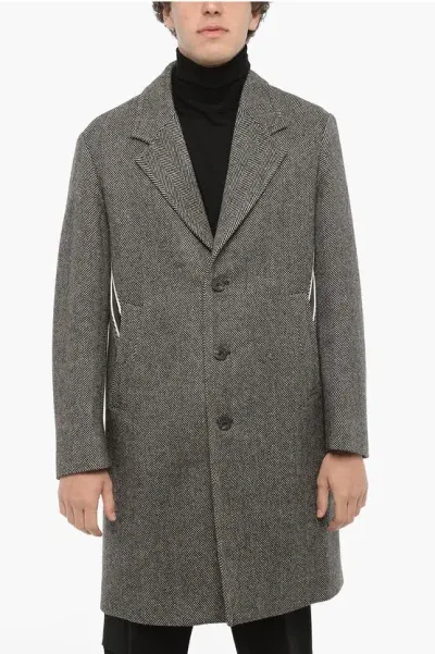 Neil Barrett Herringbone Motif Virgin Wool Coat In Gray