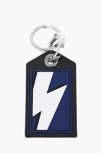 Neil Barrett Keyring With Textured Leather Pendant And Thunderbolt Detail In Metallic