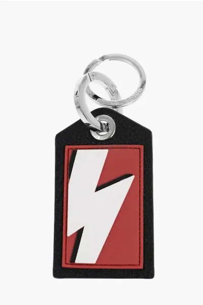 Neil Barrett Keyring With Textured Leather Pendant And Thunderbolt Detail In Metallic