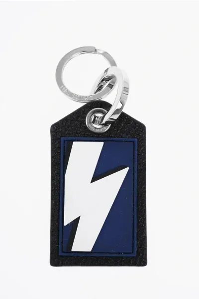 Neil Barrett Keyring With Textured Leather Pendant And Thunderbolt Detail In Metallic