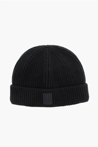 Neil Barrett Solid Color Ribbed Beanie In Black