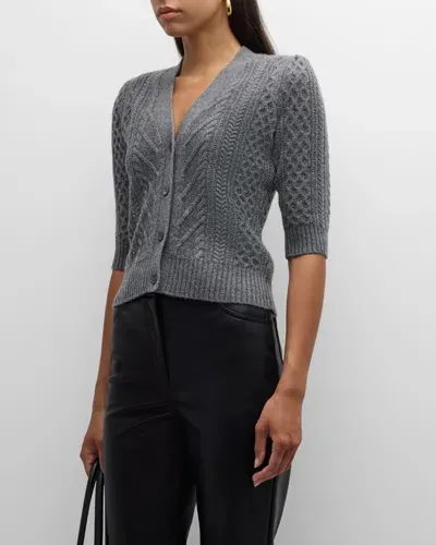 Neiman Marcus Cashmere Cable Elbow-sleeve Cardigan In Heather Grey