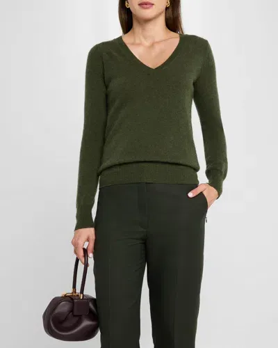 Neiman Marcus Cashmere Classic V-neck Sweater In Olive