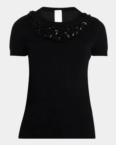 Neiman Marcus Cashmere Loop & Rhinestone Crewneck In Black