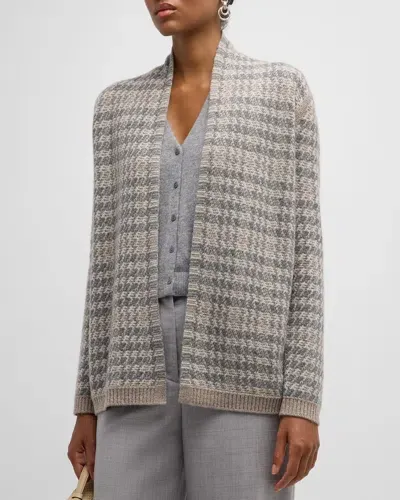 Neiman Marcus Cashmere Lurex Intarsia Open Cardigan In Cafe Bone Heather Grey