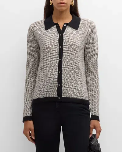 Neiman Marcus Cashmere Printed Polo Cardigan In Black White