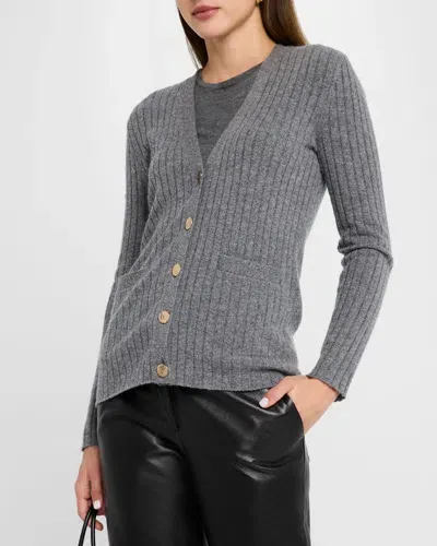 Neiman Marcus Cashmere Ribbed Button-down Cardigan In Heather Grey