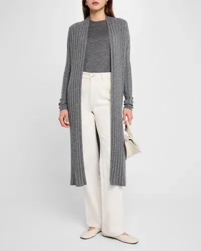 Neiman Marcus Cashmere Ribbed Duster Cardigan In Heather Grey