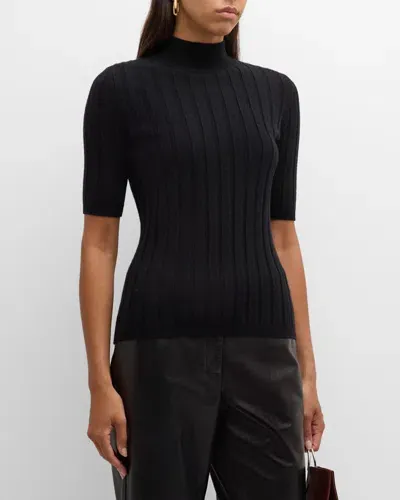 Neiman Marcus Cashmere Ribbed Mock Neck Sweater In Black