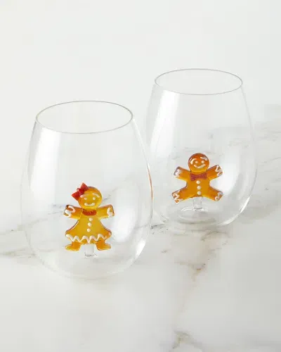 Neiman Marcus Christmas Gingerbread Stemless Wine Glasses, Set Of 2 In Transparent