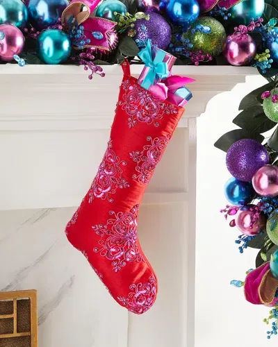 Neiman Marcus Christmas Stocking With Floral Design In Red