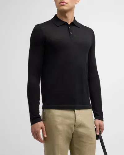 Neiman Marcus Men's Cashmere And Silk Long-sleeve Polo Shirt In Black