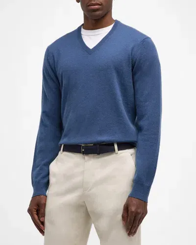 Neiman Marcus Men's Cashmere V-neck Sweater In Azure