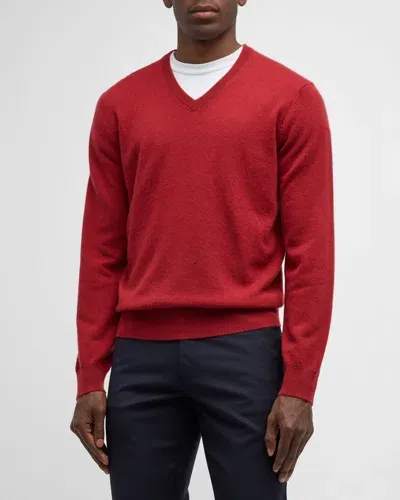 Neiman Marcus Men's Cashmere V-neck Sweater In Cayenne